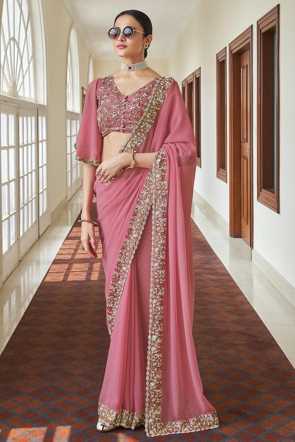 Rose Pink Georgette Designer Saree ...